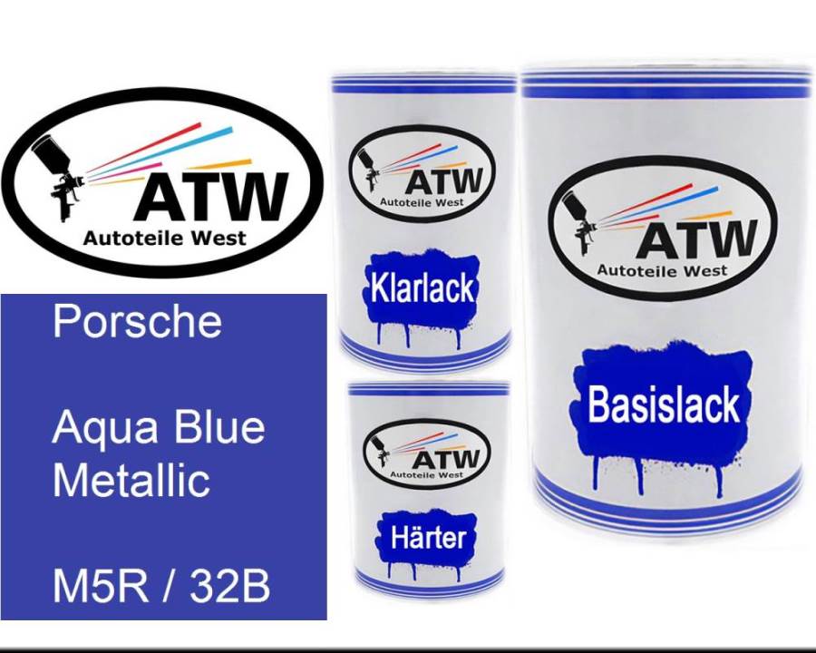 Porsche, Aqua Blue Metallic, M5R / 32B: 500ml Lackdose + 500ml Klarlack + 250ml Härter - Set, von ATW Autoteile West.